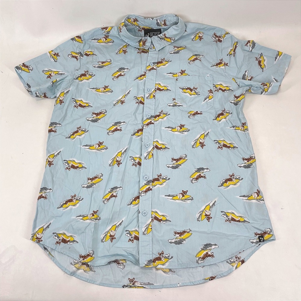 Rude Mens XL Surfing Corgi Short Sleeve Button Down Shirt Light Blue Dog Print